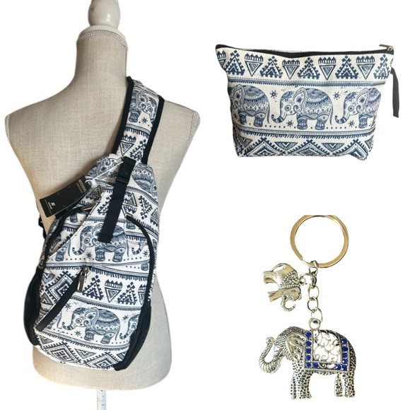Elephant Geometric Print Sling Backpack with makeup bag & keychain Blue & White - Picture 1 of 16